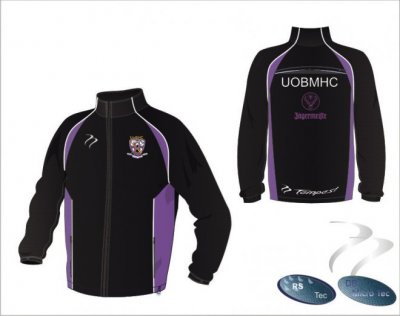 Brighton Hockey Unisex X-Tec Style Black White Purple Splash Jacket UOBMHC + Sponsor Logo On Black